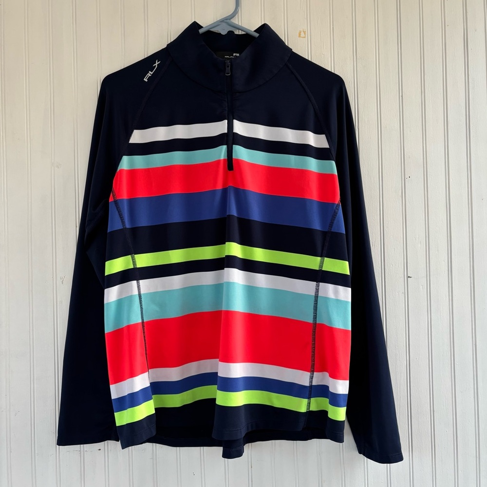 RLX Ralph Lauren Women's Navy Striped Mockneck Quarterzip Performance Top Sz XL
